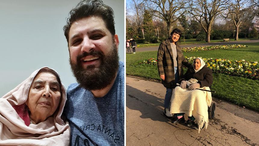 Matt is smiling and wearing a blue t-shirt. He has a black hair and a beard. His mum Kaniz is next to him and wearing a pale pink headscarf. His sister is outside in a park, stood up and Kaniz is in a wheelchair with a yellow blanket.