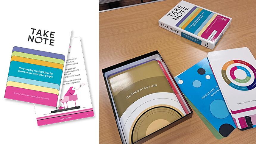 Colourful activity cards fanned out, and on a table in a box