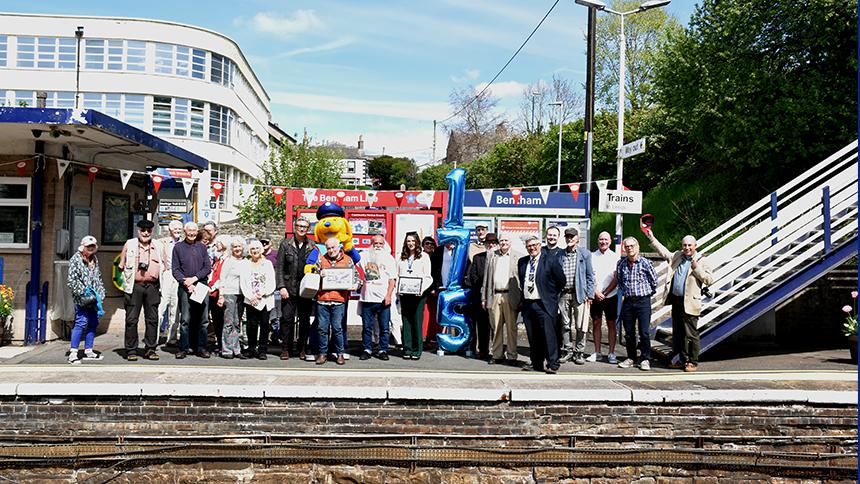 A large group of people stood on the platform at Bentham station celebrating the station's 175 year anniversary