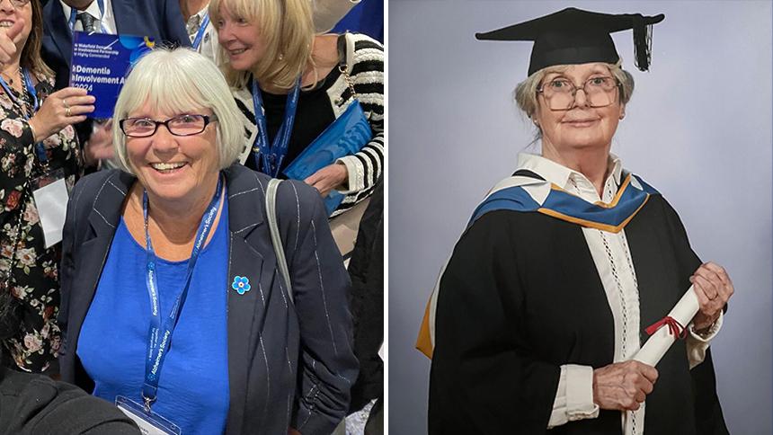 Joan is stood in a group of people, wearing a blue top. Veronica is wearing her graduation gown and mortarboard