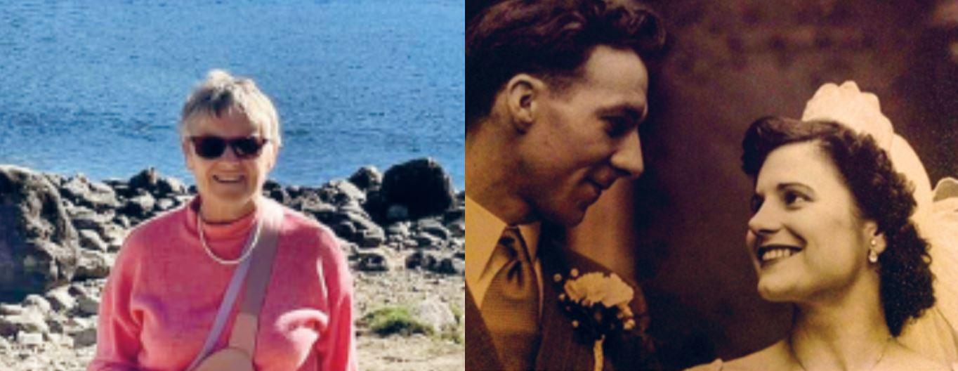 Sue Noakes (left) and her parents on their wedding day (right)