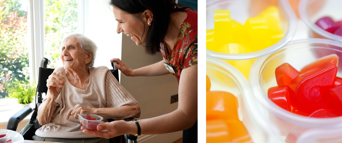A woman in a wheelchair is smiling as she's offered some sweets, next to that is a close up shot of the colourful sweets.