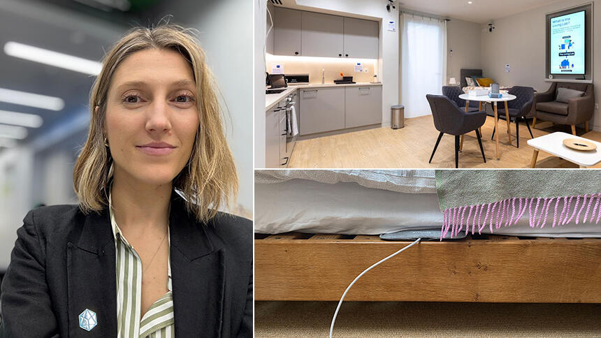 Magdalena has shoulder length blonde hair, she is wearing a black jacket and stripy shirt, the lab on the right has a kitchen, table and cheers and the bottom of a bed