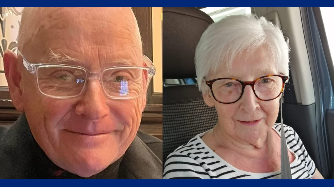 A photo of a bald man with white glasses and a photo of a woman with white hair, brown glasses and stripy top