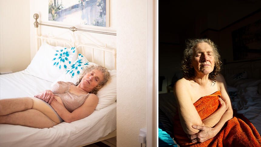 Two of Helen Rimell's photos of her mum Sue - one of her in bed in her underwear, one of her wrapped in a towel with the sun on her face