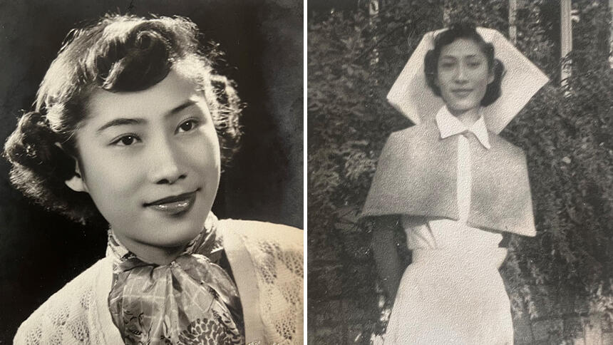 Annie Chinfen as a young woman and in her nurse's uniform