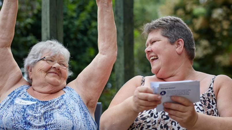 Ann and Tricia use the Movement Deck in the garden