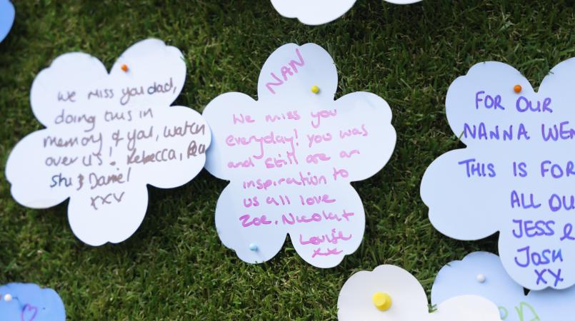 Forget me not paper flower with message to loved one written on.
